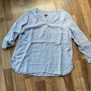 Talbots Linen Blue & White stripes V neck blouse. Size XL
